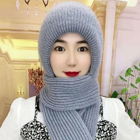 Women Winter Hat with Scarf Thick Warm Plush Windproof Cycling Headwear Solid Color Elastic