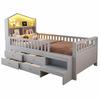Children's Bed 90 x 200 cm, Safety Rail, Four Drawer Storage, Steps, LED Lights, USB and Type-C Charging Ports, Solid Wood, Slatted Frame, Grey