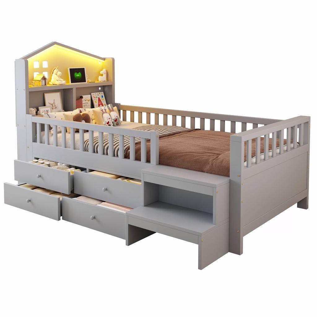 Children's Bed 90 x 200 cm, Safety Rail, Four Drawer Storage, Steps, LED Lights, USB and Type-C Charging Ports, Solid Wood, Slatted Frame, Grey