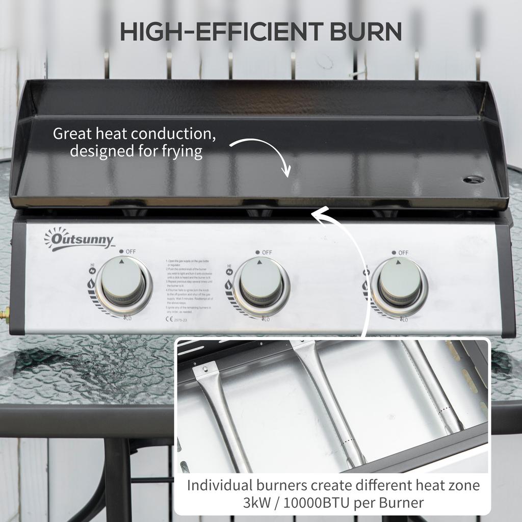 Gas Plancha Barbecue Grill with 3 Stainless Steel Burner, 9kW