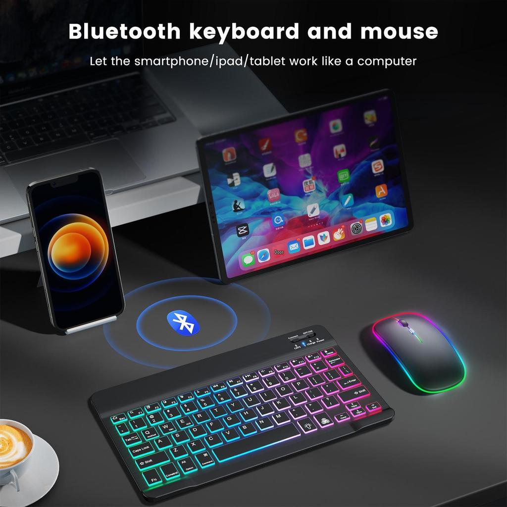 Беспроводной Bluetooth-набор клавиатуры и мыши с семицветной подсветкой для iPad, телефона, планшета