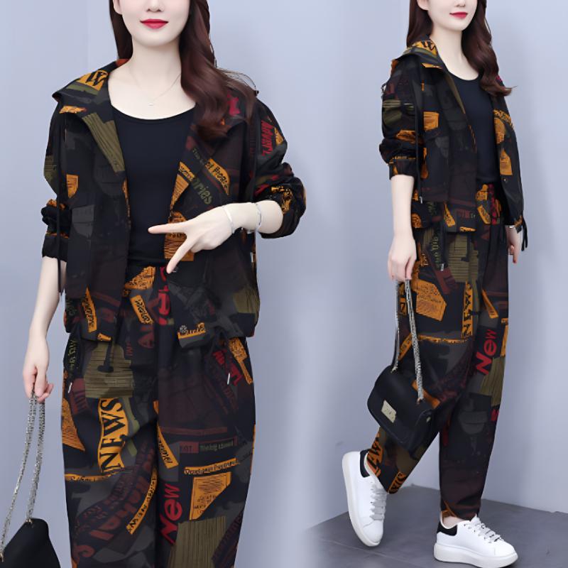 Костюм в стиле ретро больших размеров для женщин на весну и осень, свободный повседневный модный темпераментный пиджак с капюшоном, костюм из двух частей