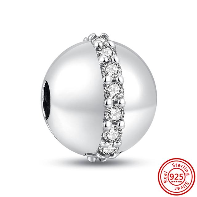 Стерлингового серебра 925 пробы, белый прозрачный циркон, сверкающие модные бусины-клипсы, подходящие для браслетов, ювелирных изделий