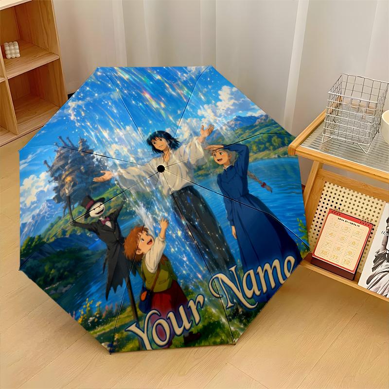 Custom Text Automatic 8 Bone Umbrella, Portable Sun Rain Protection UmbrellaHowl's Moving Castle