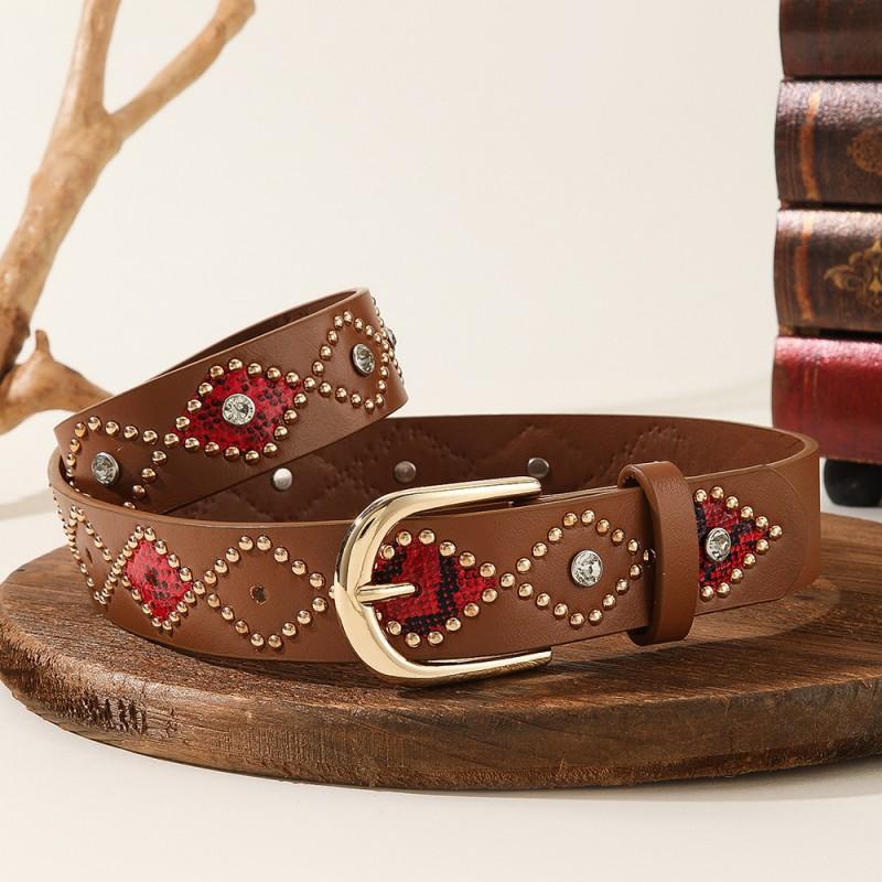 Womens Y2K Punk Belt Snake Patchwork Rhinestone Rivet Alloy Buckle Fashion Waistband