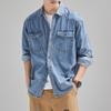 Spring and Autumn Men's Shirt Long Sleeve  Drop Shoulder Button Pockets Cowboy Loose Casual Work Jeans Shirts