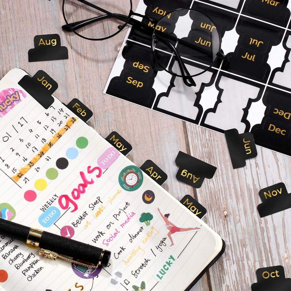 12 pcs Black Monthly Planner Index Tab Stationery Decorative Monthly Label Notebook