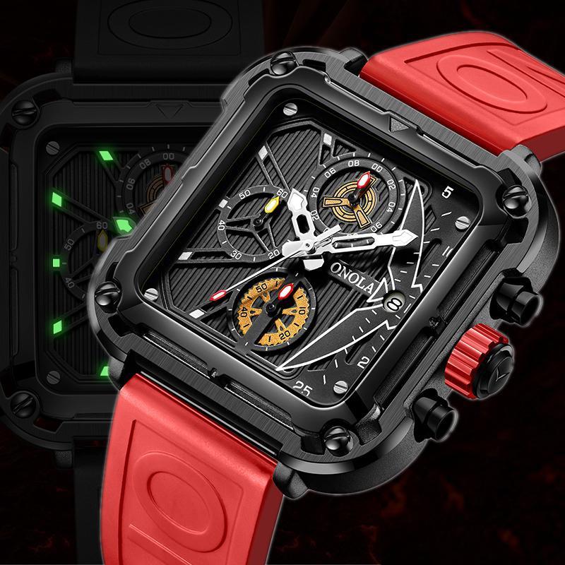 Модные мужские часы с квадратным циферблатом из кожи, роскошные спортивные водонепроницаемые часы, мужские кварцевые наручные часы с хронографом Montre Homme+коробка