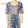 Летнее женское платье Плиссированное этническое платье с принтом А-силуэта Свободный подол Боковые карманы Круглая шея Мягкие богемные короткие рукава До середины икры Женские повседневные миди