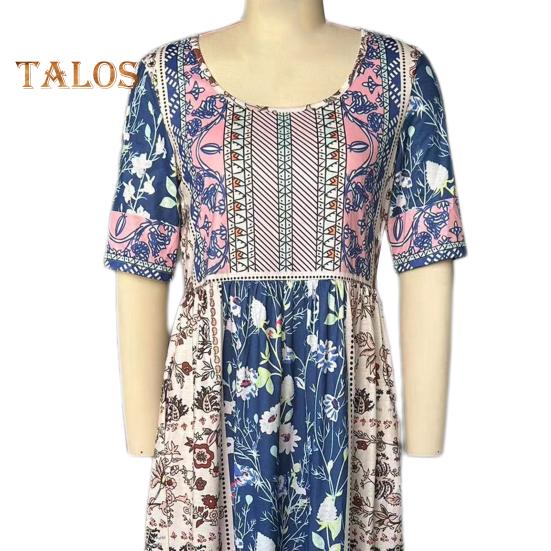 Летнее женское платье Плиссированное этническое платье с принтом А-силуэта Свободный подол Боковые карманы Круглая шея Мягкие богемные короткие рукава До середины икры Женские повседневные миди