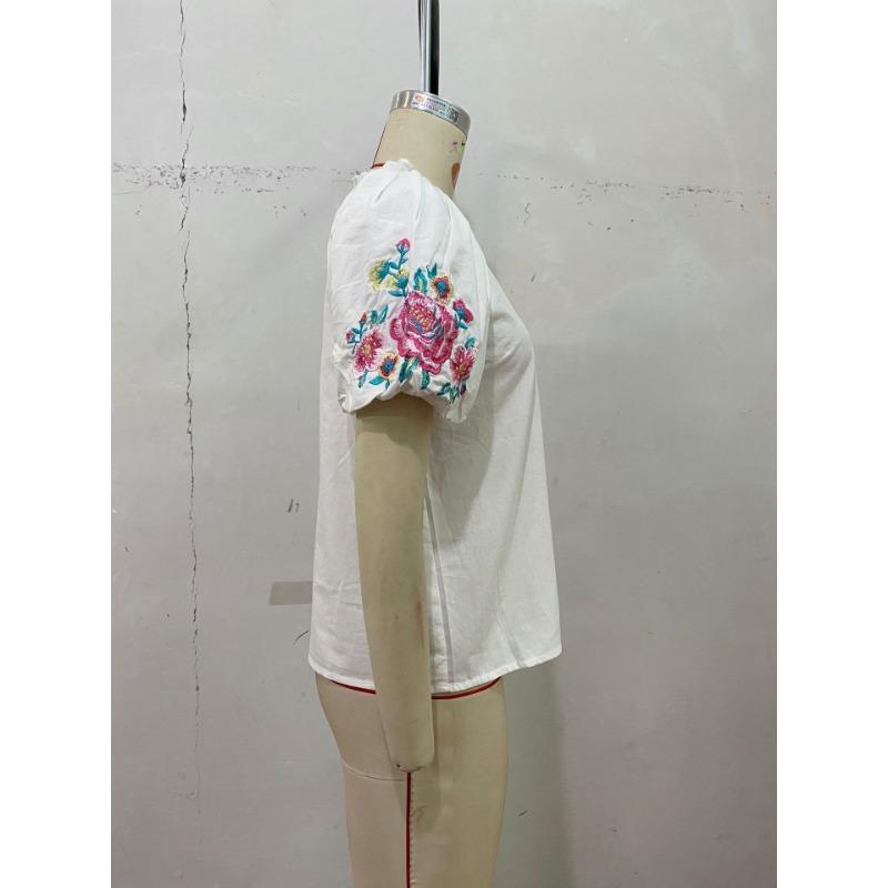 Женская летняя повседневная модная рубашка с V-образным вырезом и вращающейся манжетой, вышитая