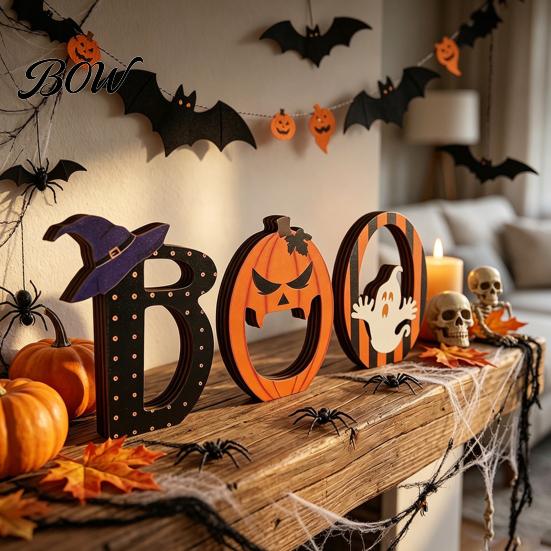 Boo Letter Wood Signs Halloween Wooden BOO Ornaments for Tabletop Tiered Tray Decor, Retro Party Supplies Creative Decorations Festive Holiday