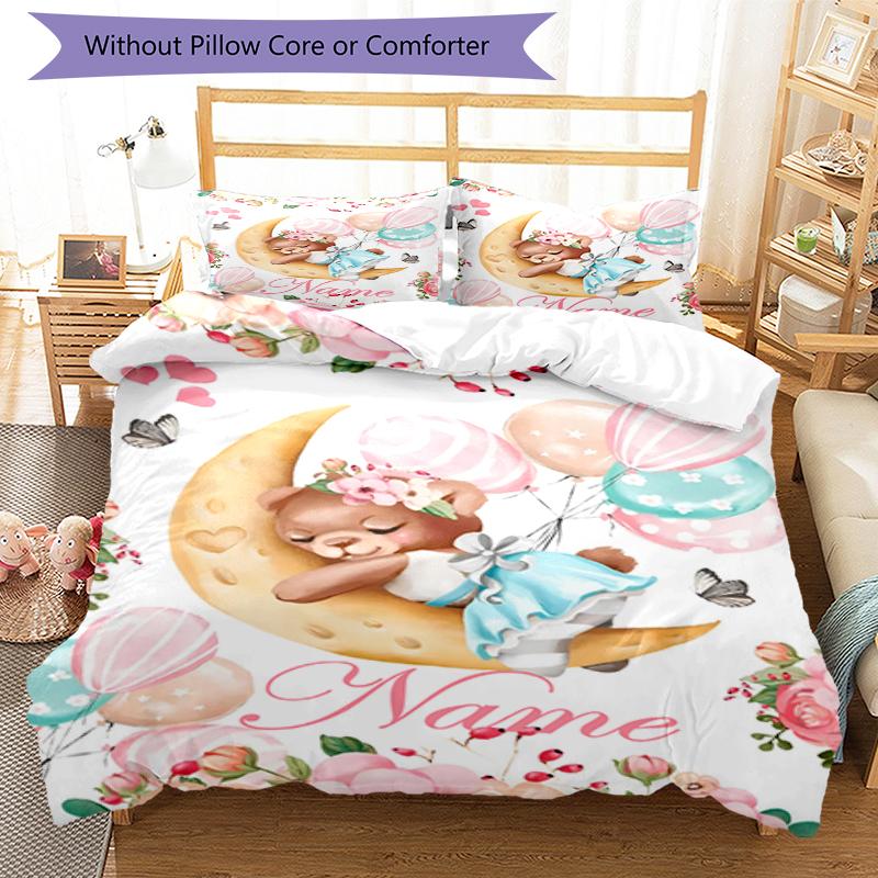 3pcs Custom Name Bear Bedding Set Duvet Cover Closure Includes 1 Duvet Cover & 2 Pillowcases, Soft and Comfortable for All Seasons.