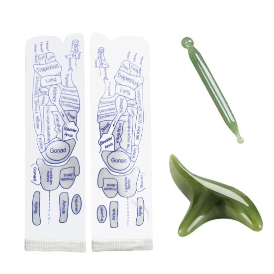 Набор носков для акупрессуры для рефлексологии стоп. Простые в использовании носки для акупрессуры с массажной палочкой. Таблица точек массажа ног. Инструменты для акупрессурного массажа.