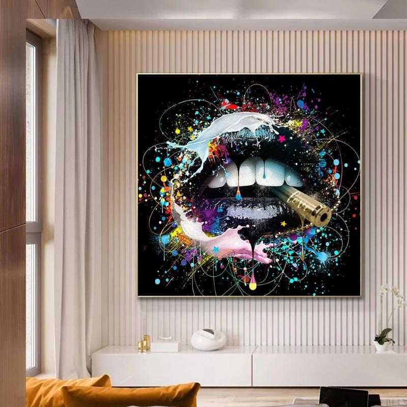 Картина на холсте Граффити Искусство Кусающий Рот Пуля Абстрактные Креативные Постеры и Принты Настенная Картина для Гостиной Домашний Декор