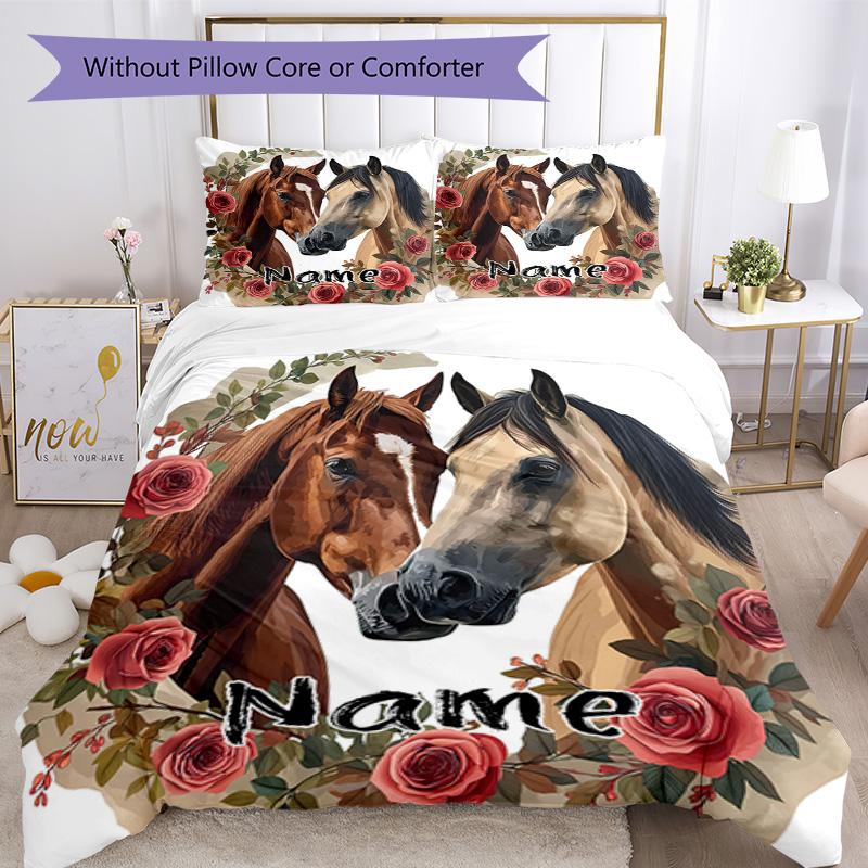Vintage Horse Roses Customize Your Name Bedding Set Breathable Duvet Cover With Pillowcases Decorative Bed Linen For Bedroom Home Decoration Birthday