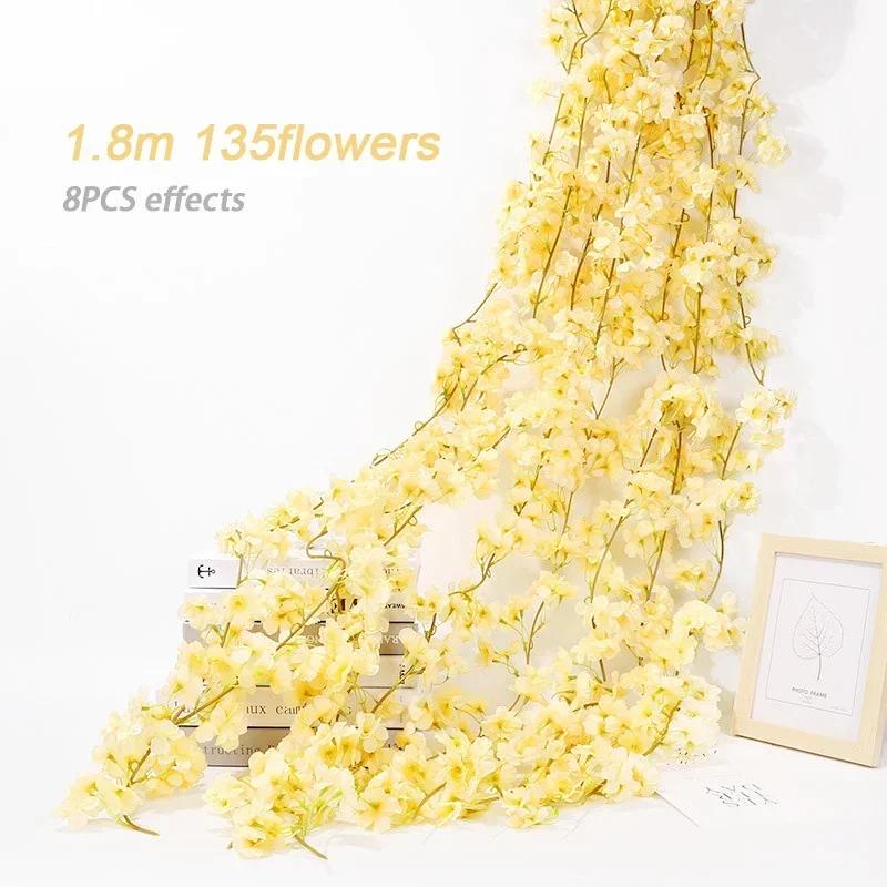 Artificial Flowers Cherry Blossoms Vines Silk Flowers Sakura Rattan Christmas Ornament Hanging Garland Wedding Home Decoration