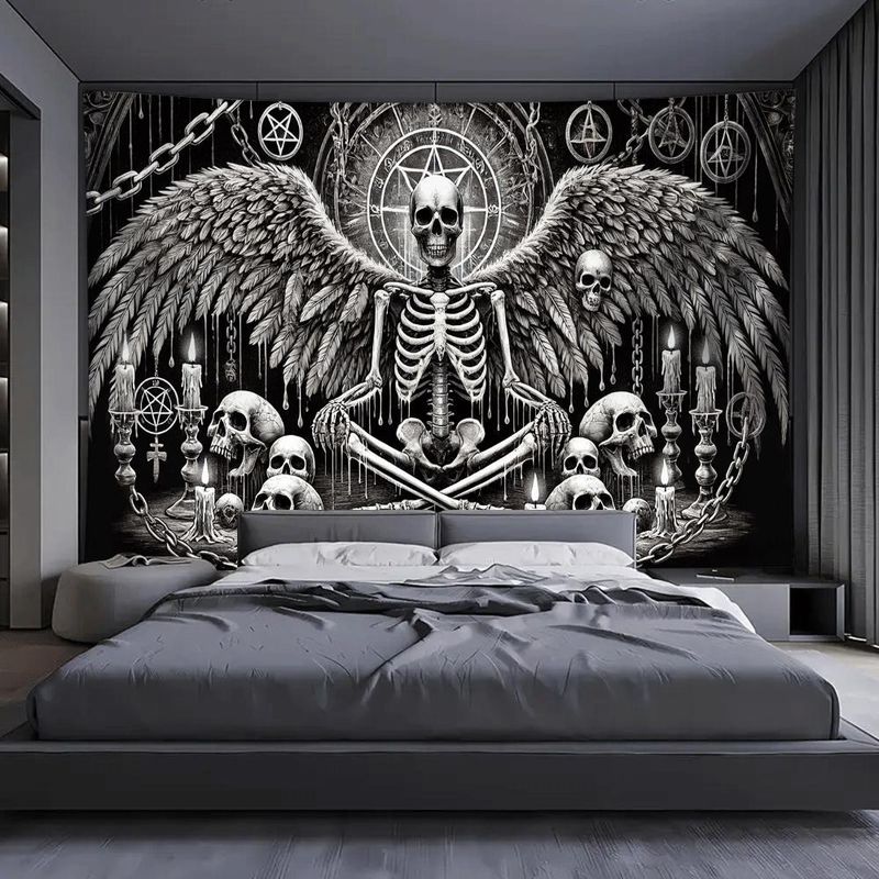 Dark Meditation Wings Skeleton Pentagram Chain Tapestry Background Hanging Cloth Cool Wall Decoration Room Decoration