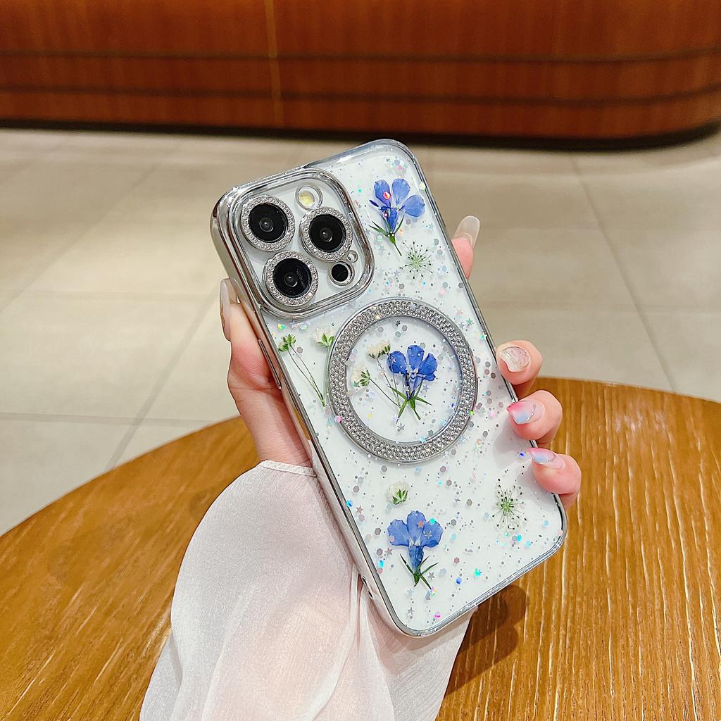For iPhone 15 Pro Case Dried Flower Epoxy PC+TPU Magnetic Phone Back Cover