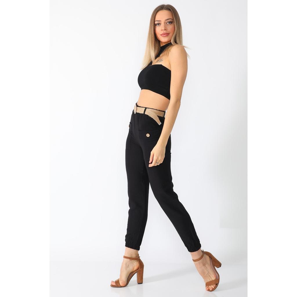 Брюки-морковки с высокой талией и поясом, передние карманы