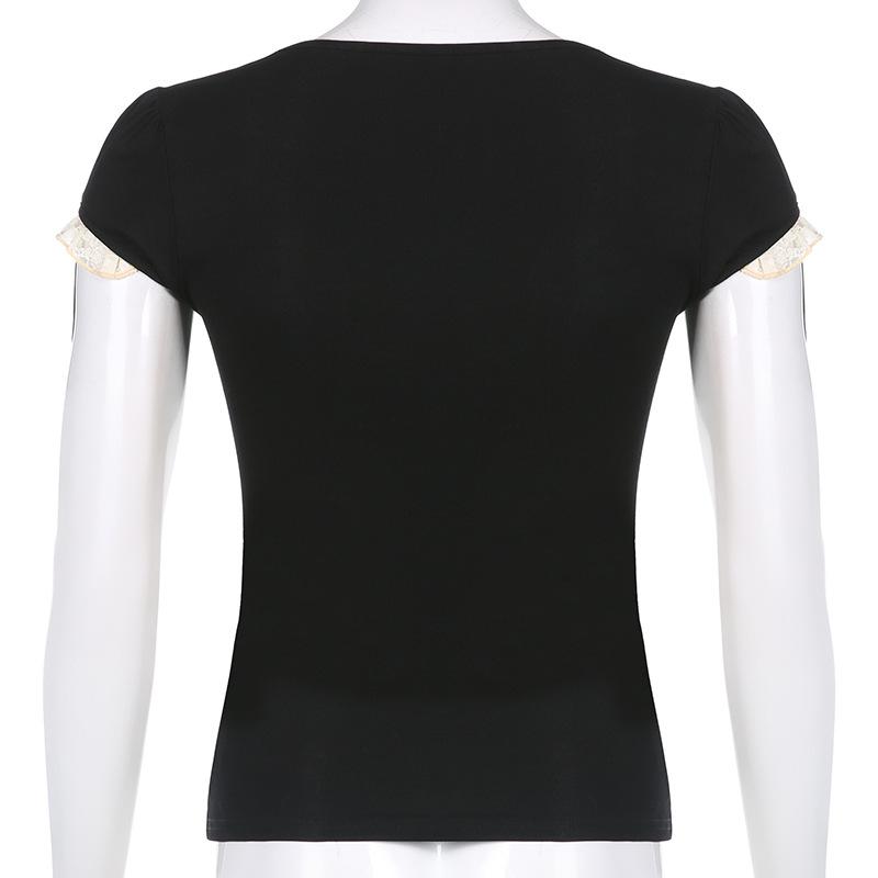 Summer Women T-Shirt Lace Square Collar Short Sleeve Bow Decoration Short Tops