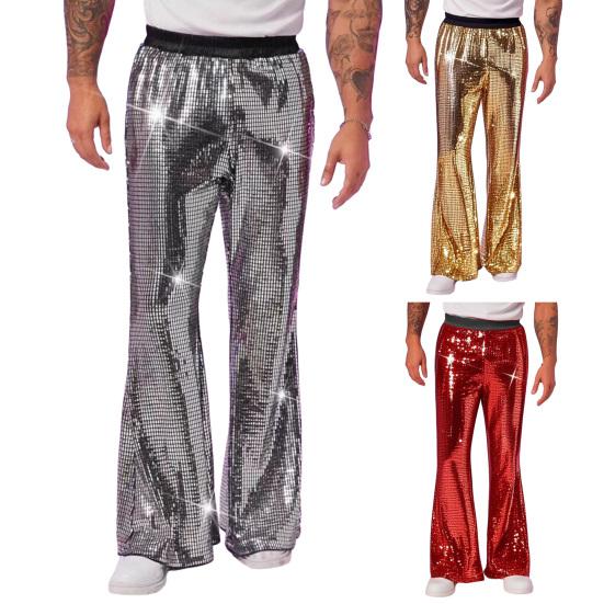 Men's Sequin Flared Trousers Shiny Hip-Hop Disco Pants Elastic Waist Retro Wide Leg Pants for Stage Performance Night Club Bar Dance