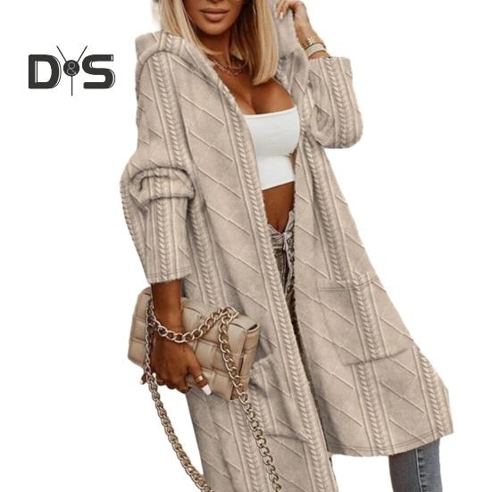 Женский осенне-зимний свитер, пальто с аппликацией с капюшоном, однотонный, толстый трикотаж, свободный, средней длины, с карманами, кардиган, с открытой строчкой, женский свитер, куртка