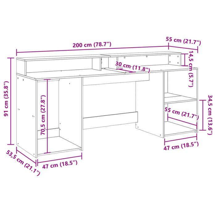 VidaXL Bureau et lumières LED chêne fumé 200x55x91cm bois d'ingénierie, bureau d'écriture, bureau d'ordinateur, bureau à 3309442