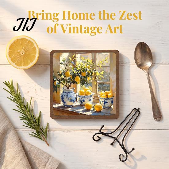 Solid Wood Frame Table Decor Vintage Lemon Oil Painting Wooden Tabletop Sign, Pastoral Farmhouse Decorative Plaque with Sign Iron Stand Stand, Rustic