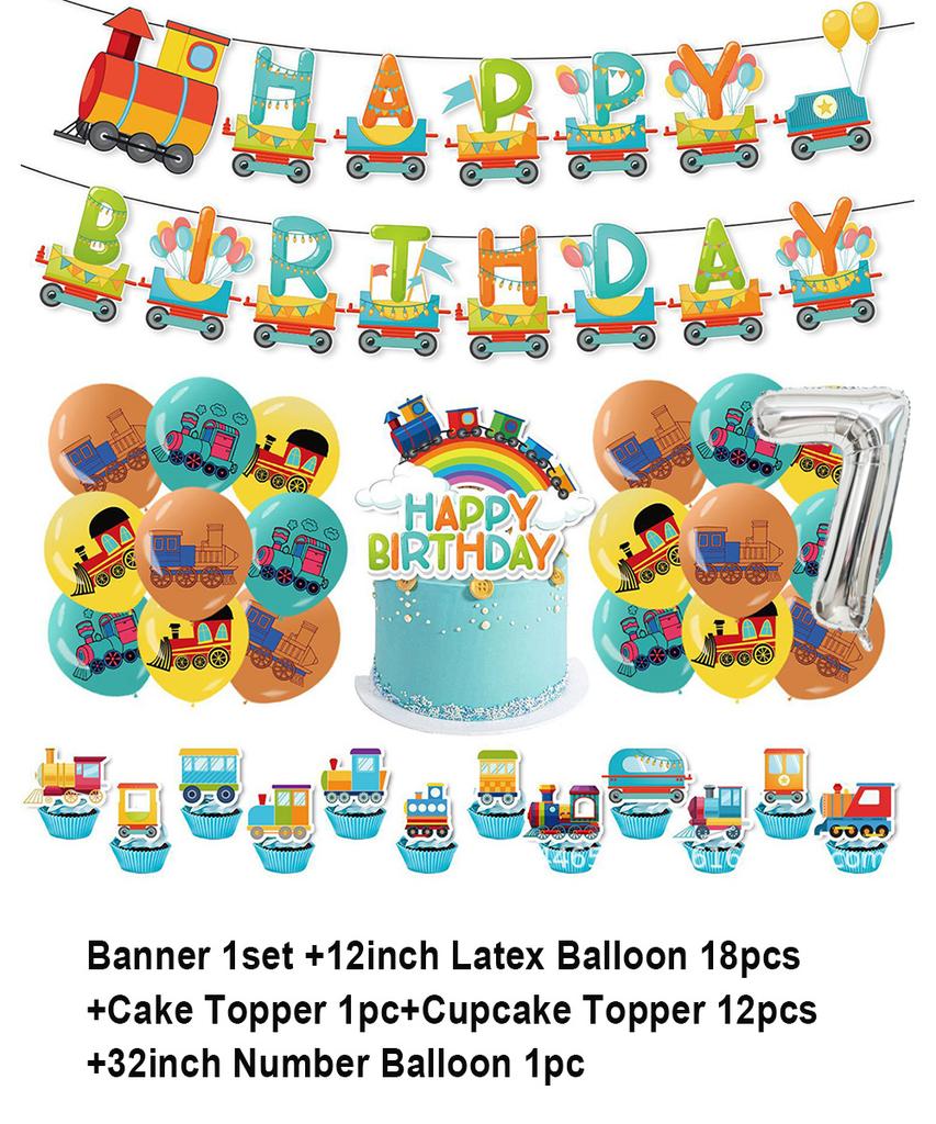 Cartoon Train Theme Birthday Party Decoration Number Balloons Cake Topper Transportation Vehicles Backdrop Banner Party Supplies