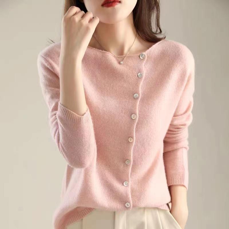 Autumn Winter Women's Sweater Elegant Button Design Knitted Cardigans for Women Casual Sweaters Low Round Neck Thin Knitted Outer