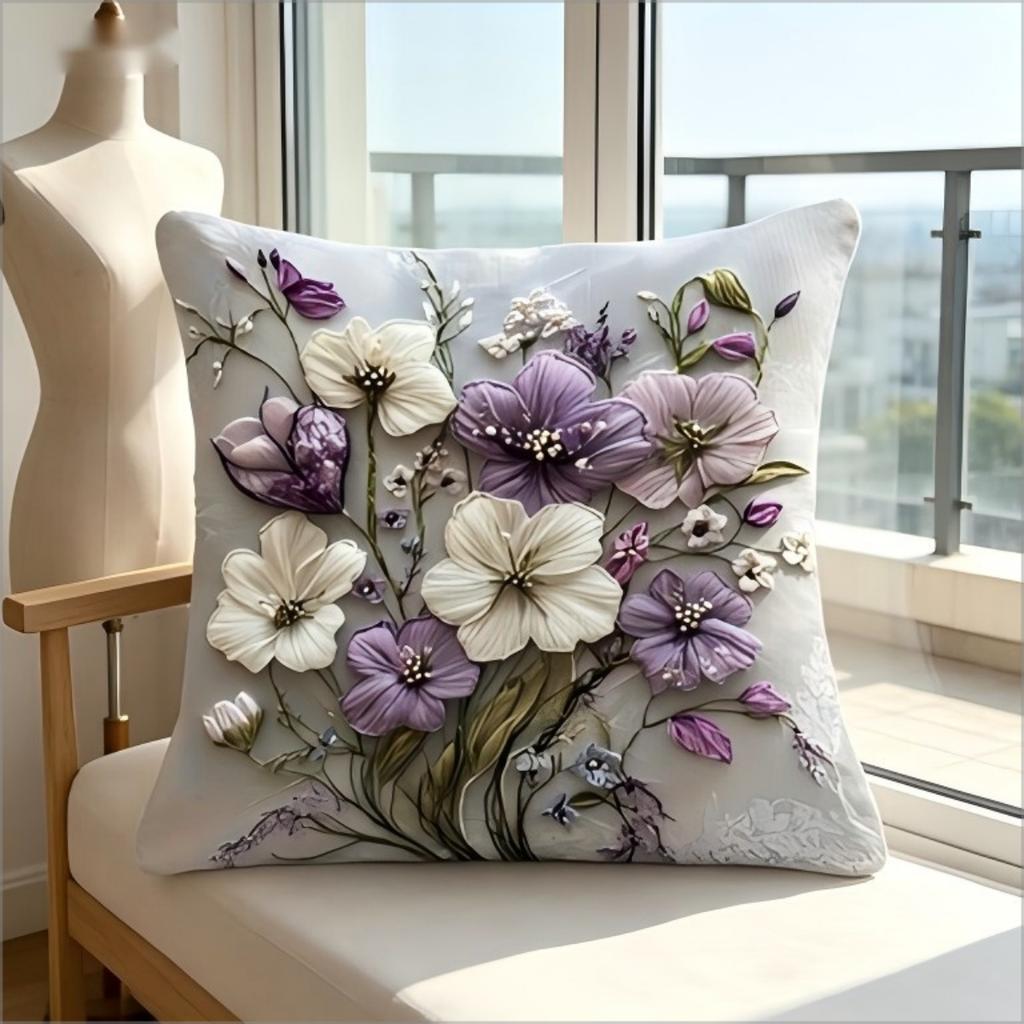 2D Effect Purple White Flower Throw Pillow Cover, Faux Embroidery Floral Print Decorative Cushion For Living Room Sofa Couch