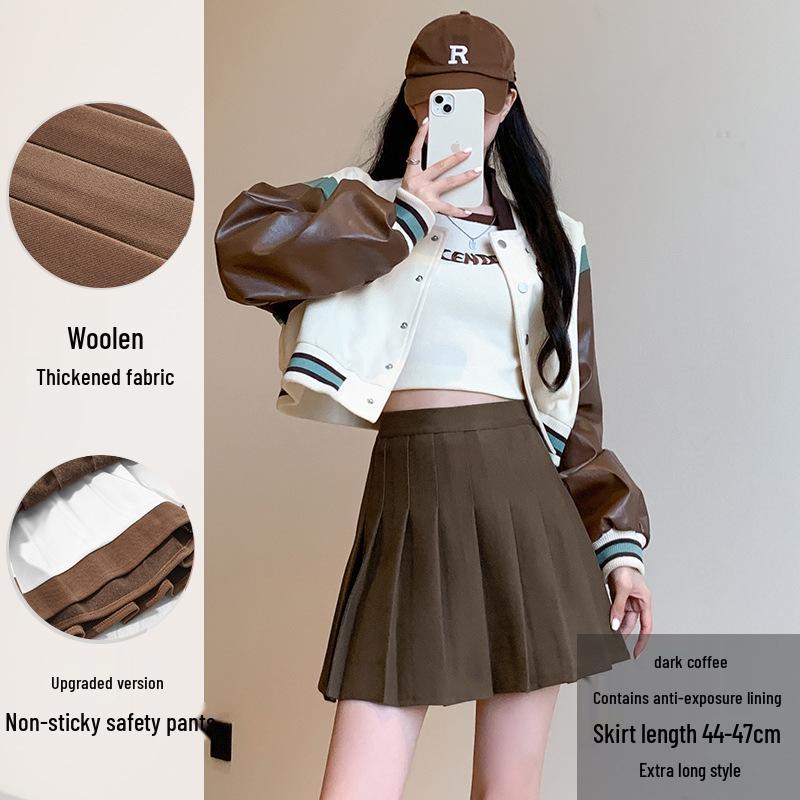 Юбка А-силуэта с высокой талией, плиссированная, шерстяная - Женская осенне-зимняя, прилегающего кроя, больших размеров, в корейском стиле, короткой/миди длины.