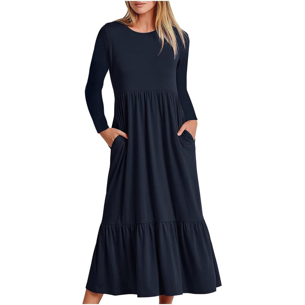 Women's Casual Dress Swing Sundress Flowy Tiered Loose Long Sleeve Maxi Dress With Pockets