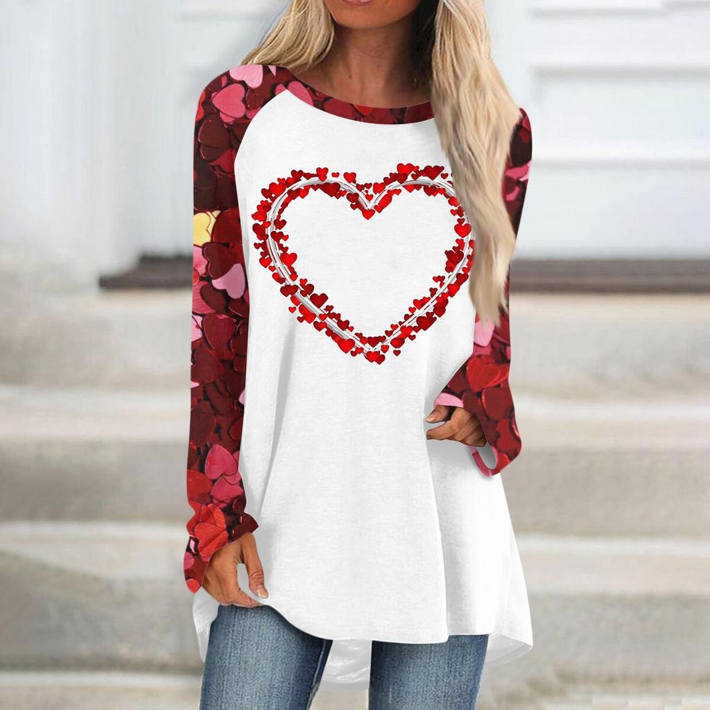Женский модный универсальный топ с длинным рукавом и средней длиной с принтом в виде сердечек ко Дню святого Валентина
