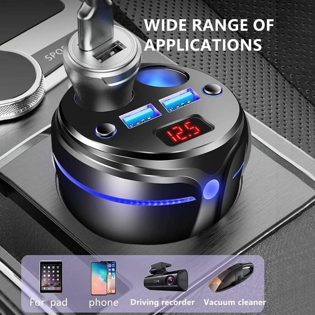 Auto Socket Lighter Adapter,Car Charger 2 USB QC and 2 Socket Cup Shape Auto Socket Lighter Splitter with LED Voltage Display Atmosphere Dual On/Off