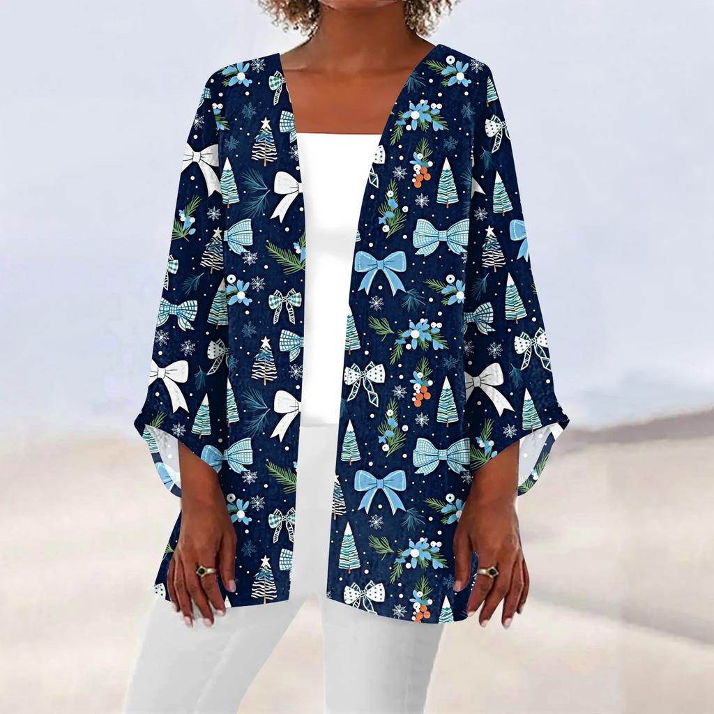 Женская повседневная мода Caot с рождественским принтом Легкая куртка средней длины Кардиган