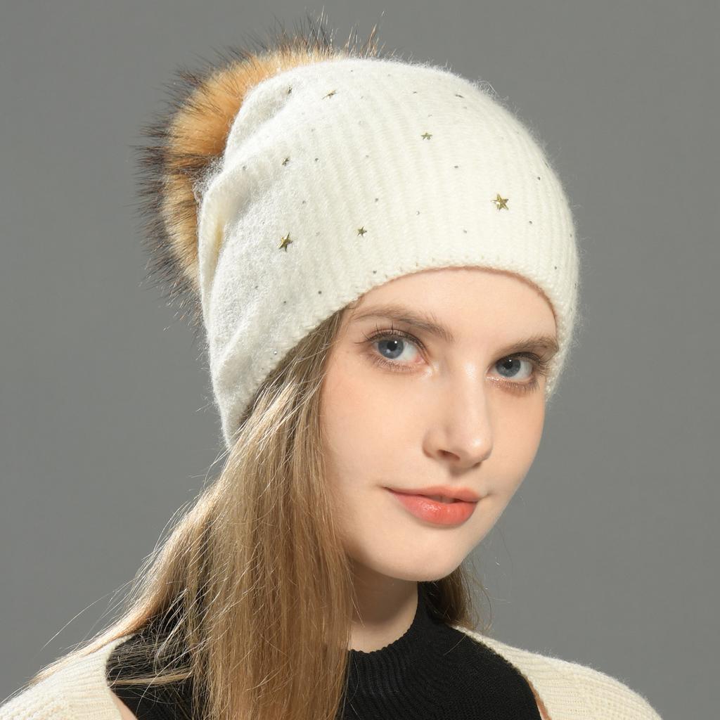 Solid color rabbit velvet double-layer thermal wool hat knitted hat autumn and winter windproof ear protection striped hat