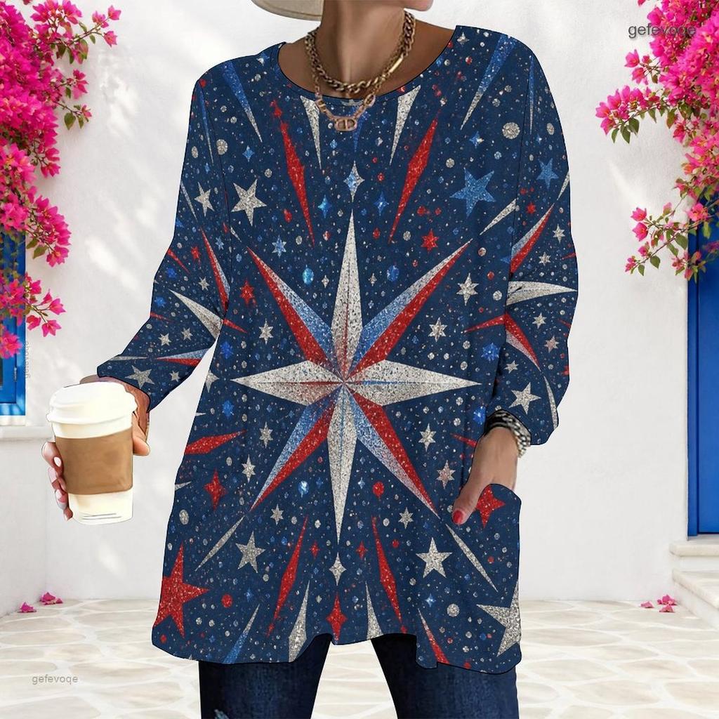 Women Plus Size Round Neck Long Sleeve Printed White Loose Longline T Shirt With Pockets