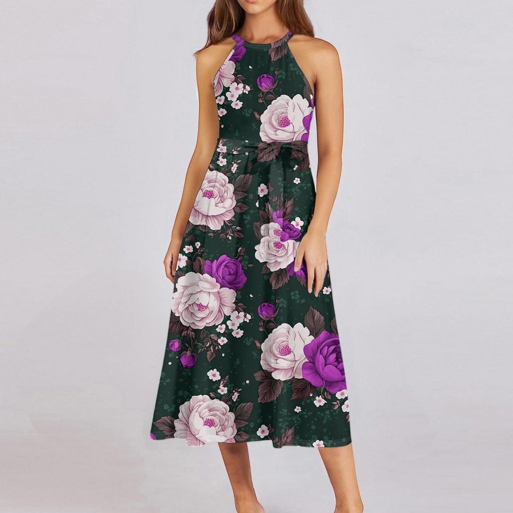 Женское повседневное платье миди с круглым вырезом, классическое, повседневное, без рукавов, свободное платье в стиле бохо с завязками, летний пляжный сарафан