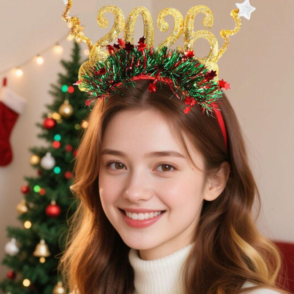Sequin 2026 Happy New Year Headband Cute Christmas Headpiece New Year Decorative Headdress  Cosplay