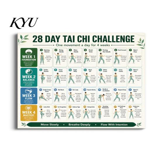 Mindful Body Awareness 28 Day Tai Chi Challenge Poster, Beginner Guide Chart, Physical Therapy Aid Standing Home Workout Routine, Gentle Exercises for