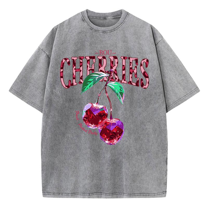 Crystal Cherries Washed TShirts Women Cotton Tees Fruit Letter Print Tops Oversize Distressed Short Sleeve Summer Woman Clothes