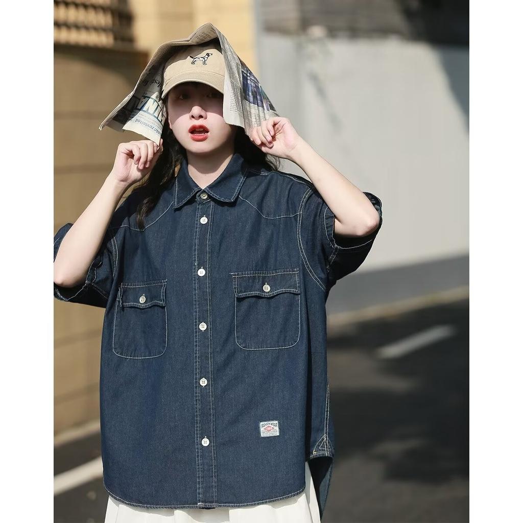 Японский ретро модный бренд летняя свободная джинсовая рубашка с короткими рукавами художественная молодежная рабочая рубашка мужская и женская многослойная куртка