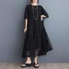 С коротким рукавом, большие размеры, черное хлопковое сетчатое винтажное новое платье для женщин, повседневное свободное длинное летнее платье