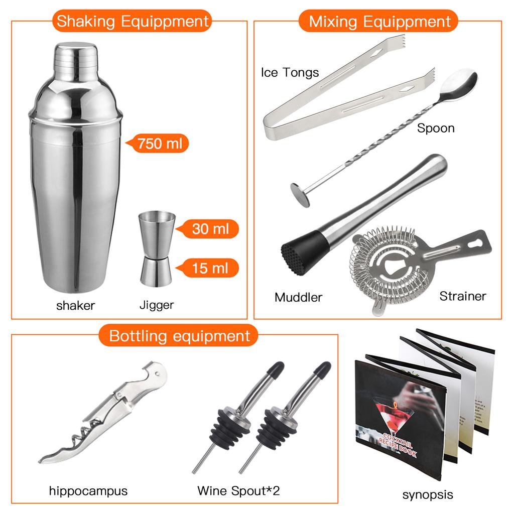 Stainless Steel Rhombus Bamboo Frame Shaker Set Bar Shaker Set 10-Piece Cocktail Shaker Set