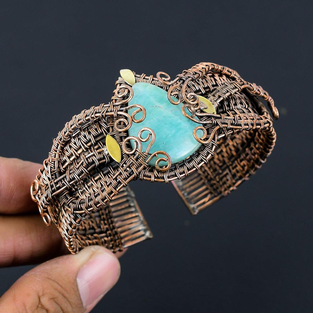 Amazonite Gemstone Handmade Copper Wire Wrap Jewelry Adjustable Bracelet For Women