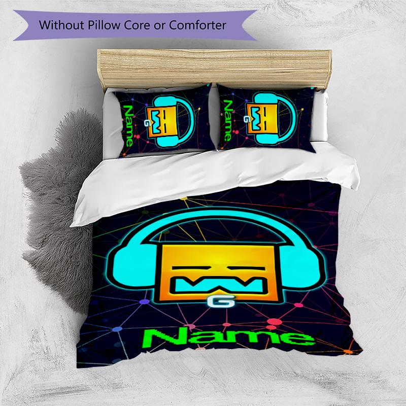 3pcs Custom Name Geometry Dash Bedding Set Duvet Cover Closure Includes 1 Duvet Cover & 2 Pillowcases for All Seasons Bedroom Decor