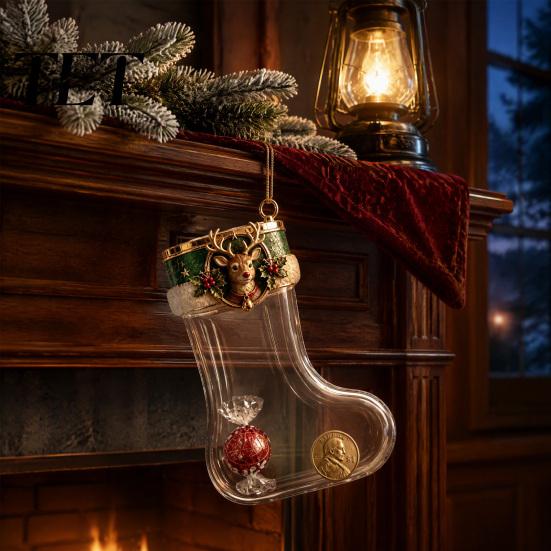 Indoor Holiday Scene Hanging Props Fillable Christmas Stocking Acrylic Ornament, Transparent Candy Filled Tree Traditional Xmas Ornaments Decor, Santa