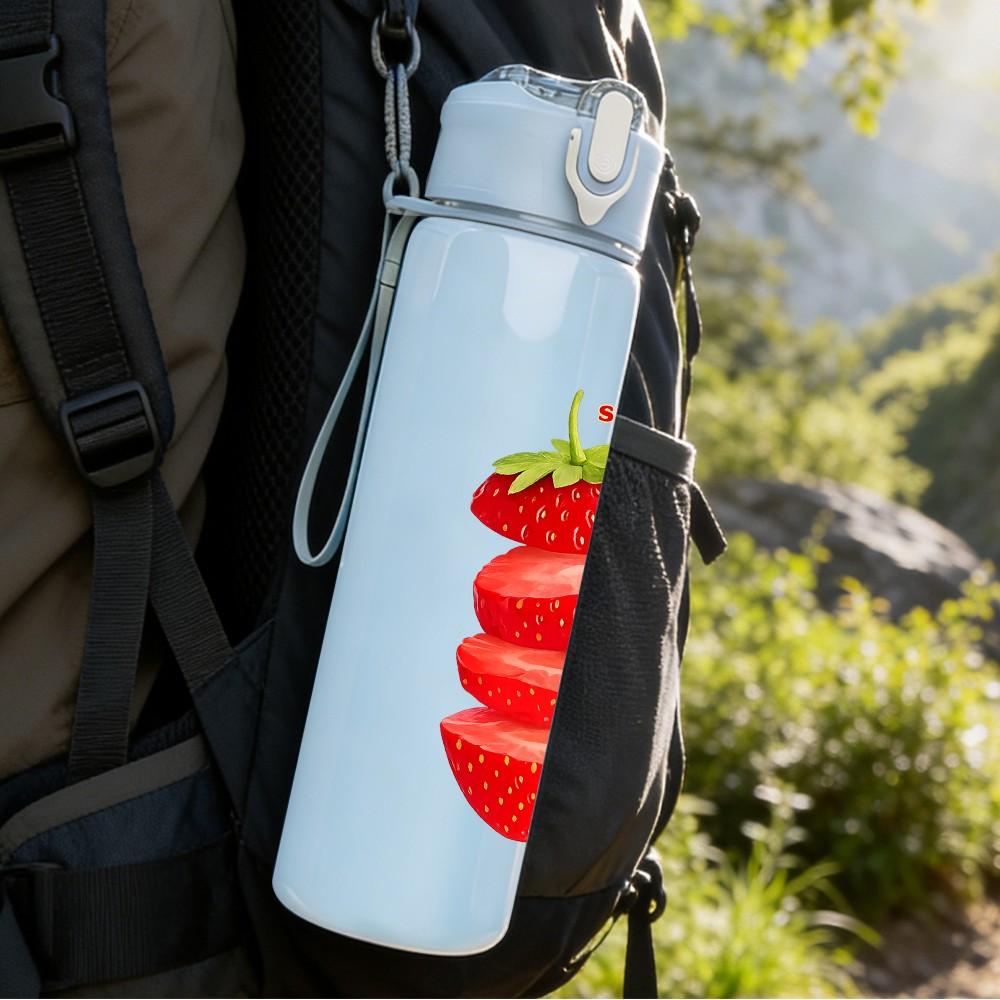 1PC Red Strawberry Fruit Cartoon Print 750ml Color Plastic Sports Water Bottle Leakproof Flip Straw Lid Suitable for Sports Office Home Use